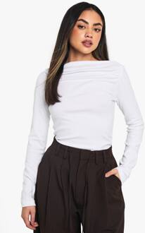 Peached Modal Asymmetrische Geraffineerde Hals Lange Mouwen Top, White - 38