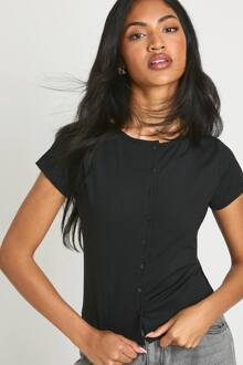 Peached Sculpt Popper Door Kort Mouwen Top, Black - 38