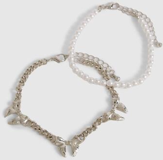 Pearl & Bow Chain Layered Bracelets, Silver - ONE SIZE