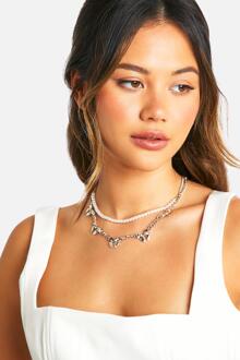 Pearl & Bow Chain Layered Necklace, Silver - ONE SIZE