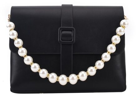 Pearl Chain Crossbody Tassen Voor Vrouwen Clutch Bag Lederen Tas Elegante Dame Kleine Flap Schouder Handtas zwart