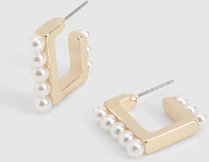 Pearl Detail Square Hoop Earrings, Gold - ONE SIZE
