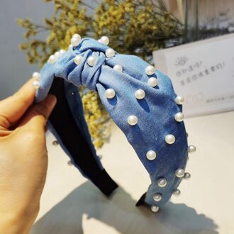 Pearl Hoofdbanden Voor Vrouwen Dames Solid Bow Knoop Kralen Haarband Zoete Elastische Vrouwen Haar Hoofd Hoepel Meisjes Haar Hoofdband blauw