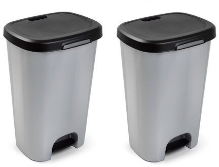 Pedaalemmer - 2x stuks - grijs - vuilnisbak met deksel - 50 l