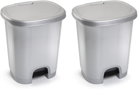 Pedaalemmer - 2x stuks - zilver - 18 liter - 33x28x40 cm - kunststof - prullenbak