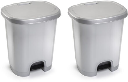 Pedaalemmer - 2x - zilver - kunststof - 27L - 45 cm - afvalemmers/vuilnisemmers