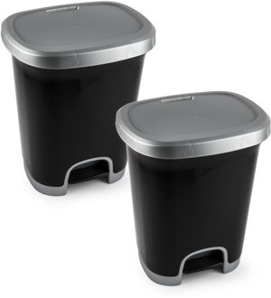 Pedaalemmer - 2x - zwart/ zilver - 27 liter - 38 x 32 x 45 cm - prullenbak