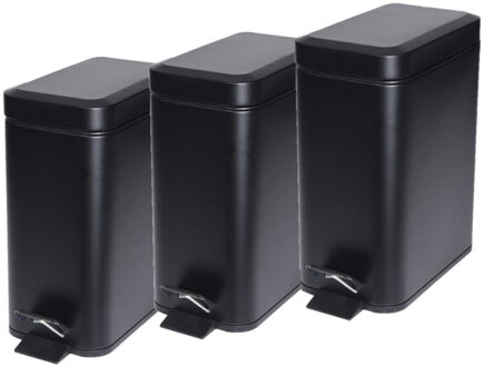 Pedaalemmer - 3x stuks - zwart - 5 liter - metaal - 25 x 14 x 29 cm - vuilnisbak - voor badkamer en