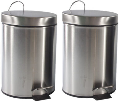 Pedaalemmer/prullenbak - 2x - zilverkleurig - 3 liter - RVS - 21 x 30 cm