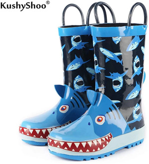 Pennysue Kids Premium Natural Color Boys Rubber Rain Boots Waterproof with Handles for Toddlers 3D Cute Shark Kids Rain Boots