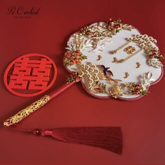 Peorchid Vintage Chinese Bridal Hand Boeketten Fan Kralen Blauwe Bloem Zijde Bruiden Metalen Ronde Hand Held Fan Bruiloft Accessoires Fan bouquet