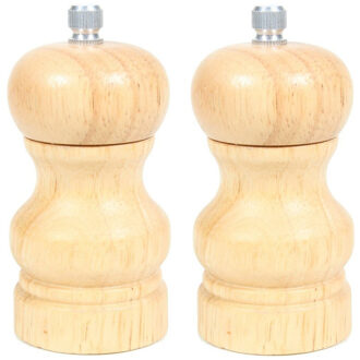 Pepermolen/zoutmolen - 2x - hout - bruin - 10 cm - kruidenmolen - vermalen