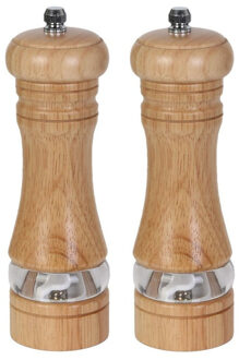 Pepermolen/zoutmolen - 2x - hout - bruin - 17 cm - kruidenmolen - vermalen