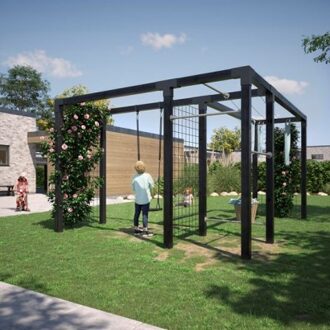 Pergola hout met schommel, fitness en waslijn - 369/306 x 108 x 208 cm Zwart