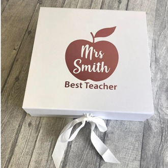 Personalised Best Teacher White Gift Box with Ribbon Tie, cutom Apple Design with Name inside, Keepsake Gift Box Teacher Present