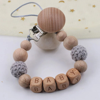 Personalised Name Beech Wood Pacifier Clips Chain Safe Crochet Beads Teething Chain Baby Teether Dummy Clips Holder
