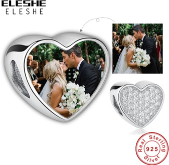 Personalized 925 Sterling Silver Custom Photo Beads Pave Cubic Zirconia Heart Charms Fit Pandora Bracelet Women DIY Jewelry 2019