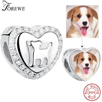 Personalized Custom Photo Heart Charm 925 Sterling Silver Pet Dog Crystal Beads Fit Charms Bracelet Original DIY Jewelry
