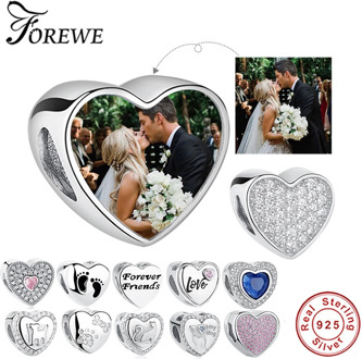 Personalized Custom Photo Heart Charms 925 Sterling Silver Crystal Beads Fit Original Pandora Charm Bracelet DIY Jewelry Making
