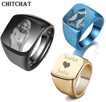 Personalized Customized Engrave Name Photo Ring Stainless Steel Mens Signet Rings Family Photo Male Engagement Wedding Rings