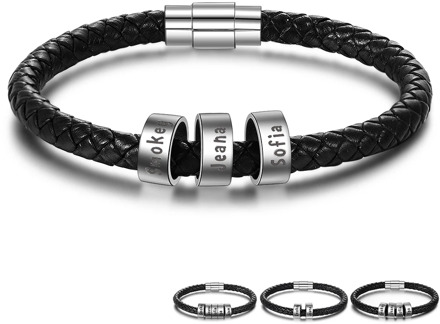 Personalized Men Leather Bracelet with 1-5 Names Beads Customized Family Names Black Rope Magentic Buckle Bracelets for Men Wome