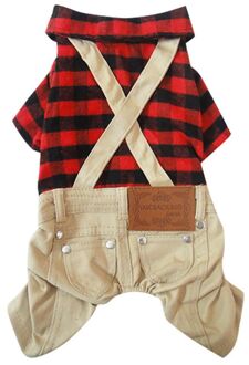 Pet British Wind-Brushed Plaid Bib Supplies Winter Clothing Red Plaid Shirt Khaki Trousers Dog Jumpsuits & Rompers For Puppy XS