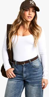 Petite Basic One Piece Met Lange Mouwen En Scoop-Hals, White - 44