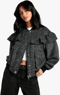 Petite Bomberjack Met Frilldetail In Wol-Look, Black/White - 36