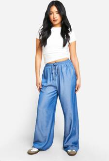 Petite Chambray Broek Met Tijgband In De Taille En Wijde Pijp, Blue - 34