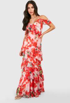 Petite Chiffon Gelaagde Ruffle Bloemen Maxi Jurk, Pink - 36