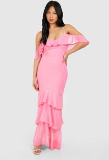 Petite Cold Shoulder Ruffle Hem Chiffon Maxi Dress, Pink - 10