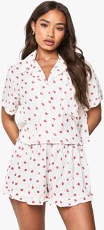 Petite Cotton Poplin Pyjama Set Met Aardbeienprint En Lange Mouwen, White - 34