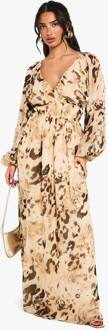 Petite Dierenprint Chiffon Maxi-Jurk Met Volumineuze Mouwen En Geplooide Taille, Brown - 42