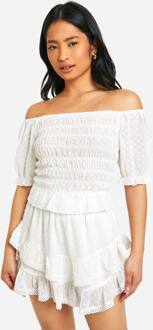 Petite Dobby Shirred Crop Top Met Puff Mouwen, White - 36