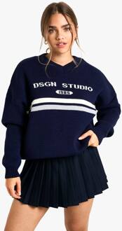 Petite Dsgn Studio V-Hals Gebreide Trui, Navy - L