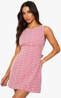 Petite Geborduurde Geruite Jurk Met Rugstrik, Red - 40