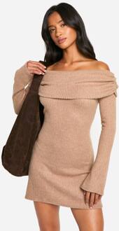Petite Geborstelde Rib Foldover Bardot Mini-Jurk, Camel - 44