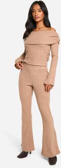Petite Geborstelde Rib Foldover Flare Broek, Camel - 38