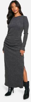 Petite Geborstelde Rib Maxi-Jurk Met Lange Mouwen, Charcoal - 44