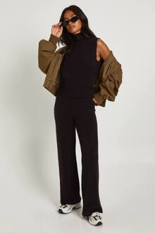 Petite Gespleten Nekkraag Superzachte Gebreide Tanktop En Rechte Pijpbroek Co-Ord, Black - M