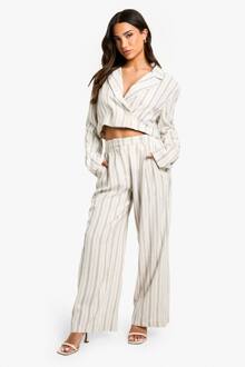 Petite Gestreepte Linnen-Look Broek Met Wijde Pijpen, Ivory - 44