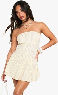 Petite Gestreepte Linnenlook Button Down Pepum Mini Jurk, Ecru - 40