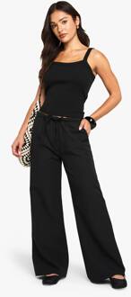 Petite Geweven Broek Met Elastische Taille En Rechte Pijpen, Black - 44