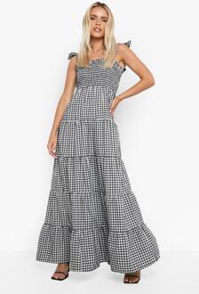 Petite Gingham Maxi Jurk Met Pom Poms En Schouders, Black - 42