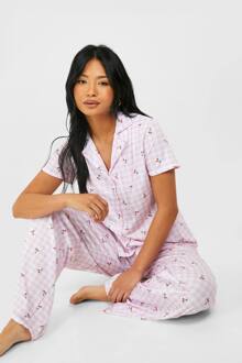 Petite Ginghamruiterig & Kersprint Overhemd Met Korte Mouwen & Broek Pyjama Set, Pink - 36