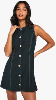 Petite Gouden Knop Getailleerde Mouwloze A-Lijn Mini-Jurk, Navy - 42