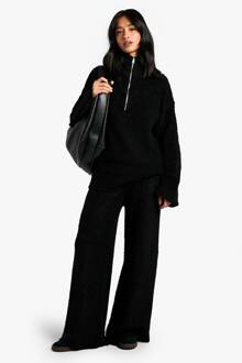 Petite Half Zip Oversized Trui En Broek Met Wijde Pijpen Borg Gebreide Set, Black - L