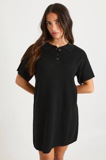 Petite Kraag Met Knoopsluiting Oversized Gebreide Jurk, Black