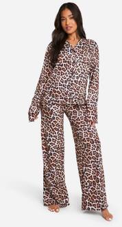 Petite Luipaardprint Overhemd Met Lange Mouwen & Broek Pyjama Set, Animal - 34