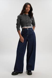 Petite Mid Waist Losse Pasvorm Wijde Pijp Jeans, Dark Indigo - 40